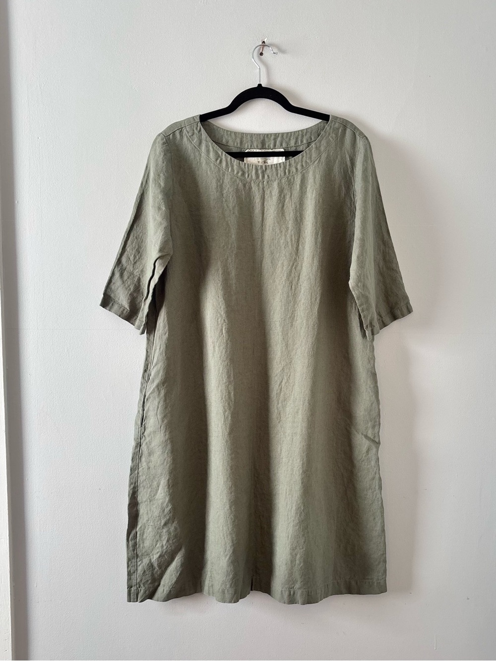 Not Perfect Linen Shift Dress Side Pockets 3/4 Sleeve 100% Linen Loose Fit Green